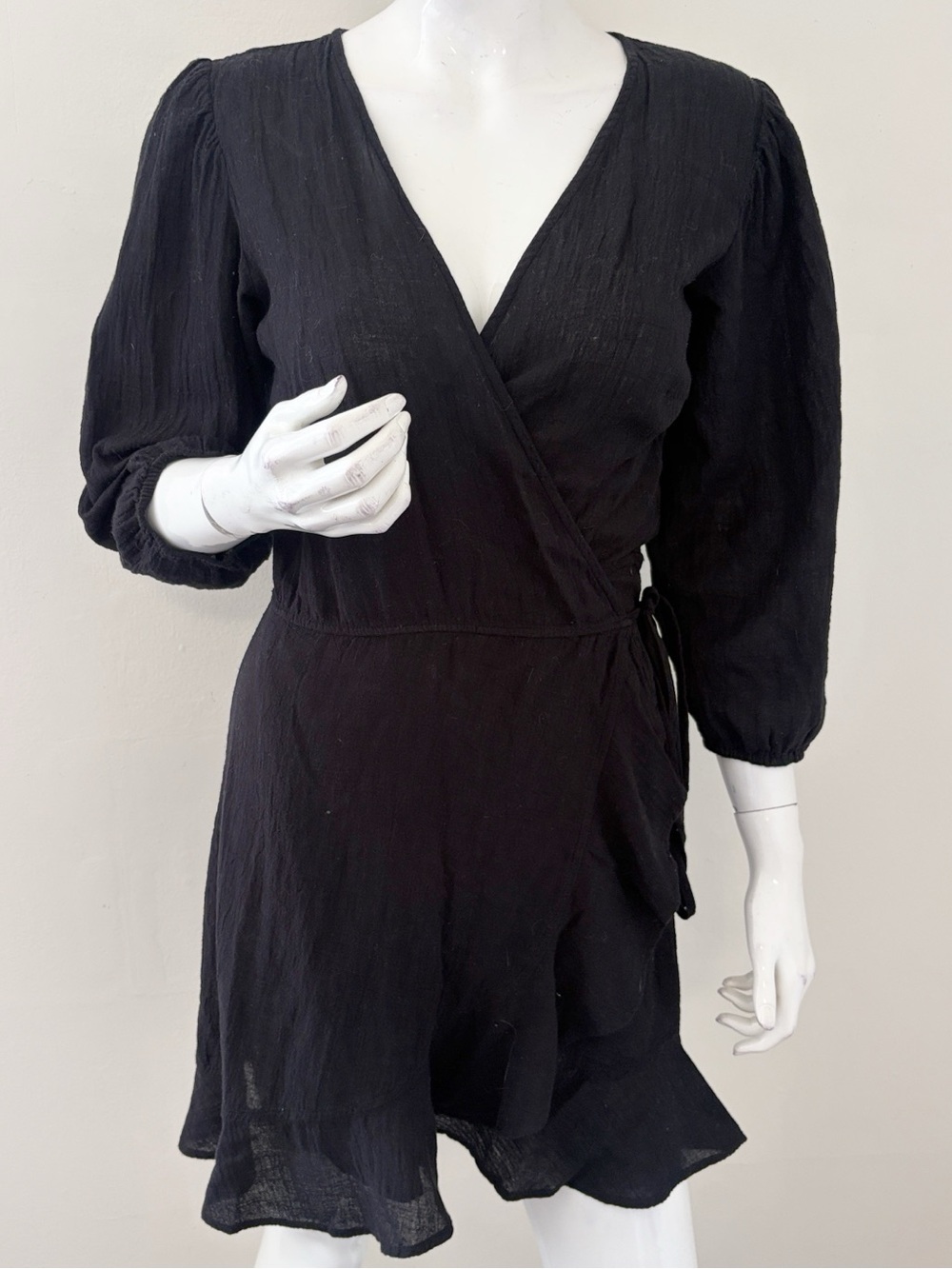 Honorine Black Linen Wrap Mini Dress w Puff Sleeves & Ruffle Hem Beach Coverup